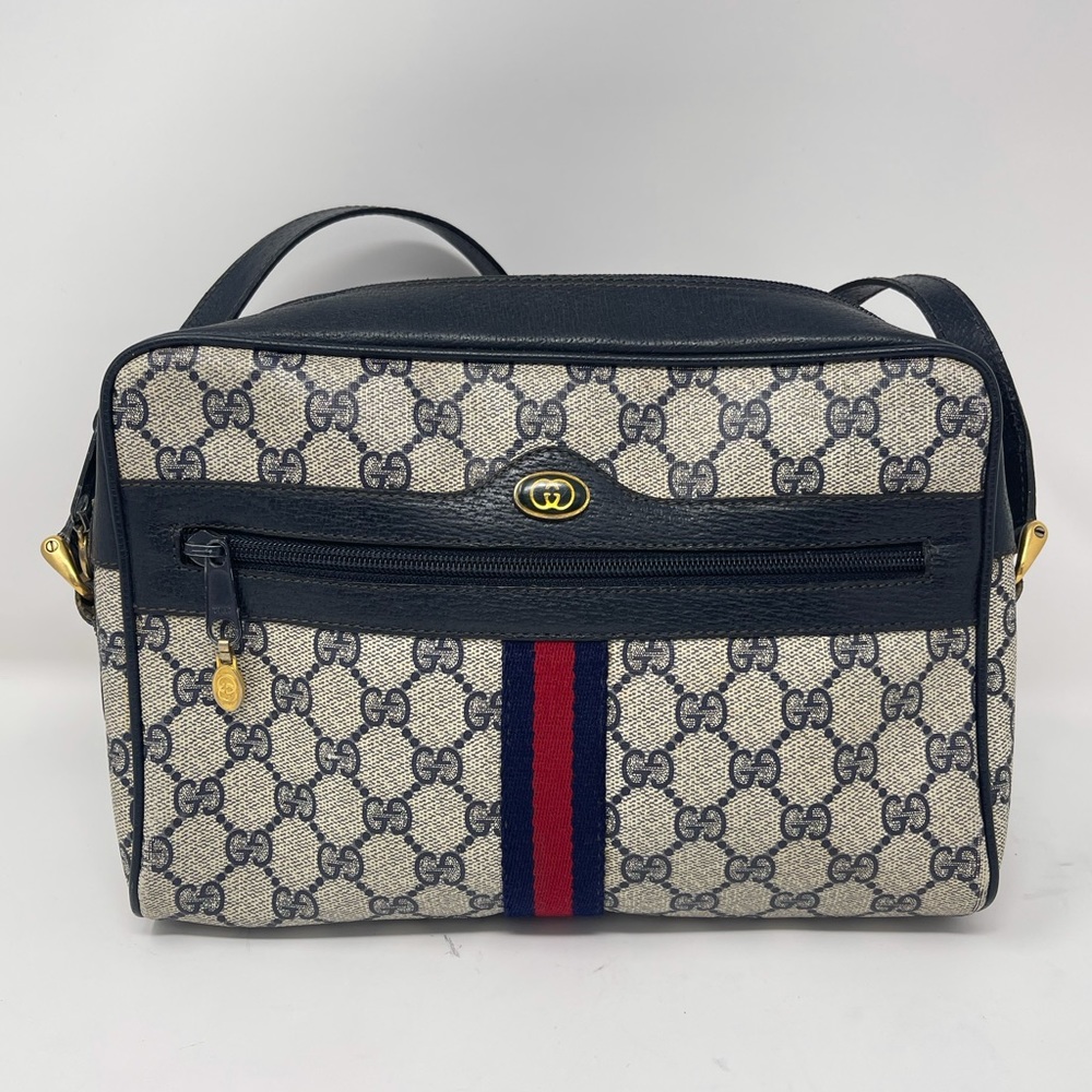 Gucci GG Web Supreme Navy Ophidia Camera Crossbody Bag.